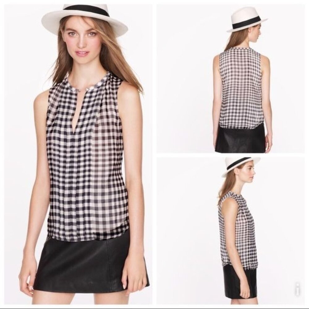 J Crew 6 Blue White Plaid Check Sleeveless Top Ruffles Silk Gingham Summer